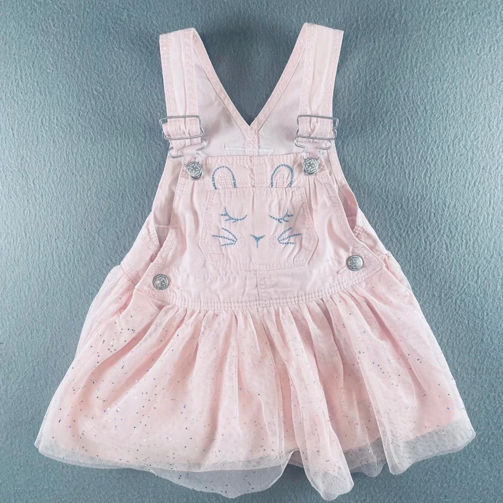 OshKosh Kids Girl Overall Dress Pink Cotton Tulle Bunny 18M Whimsical Sparkle